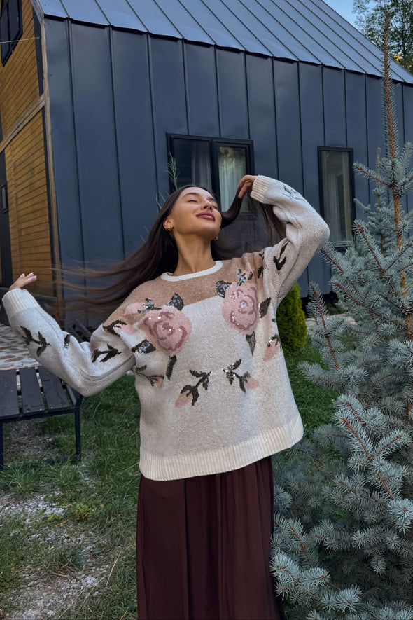 ZESICA Floral Oversized Crewneck Chunky Knit Pullover Sweater Tops