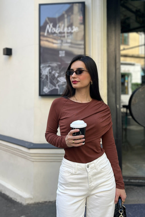 ZESICA Long Sleeve Tops Crewneck Ruched Shirts Slim Fit