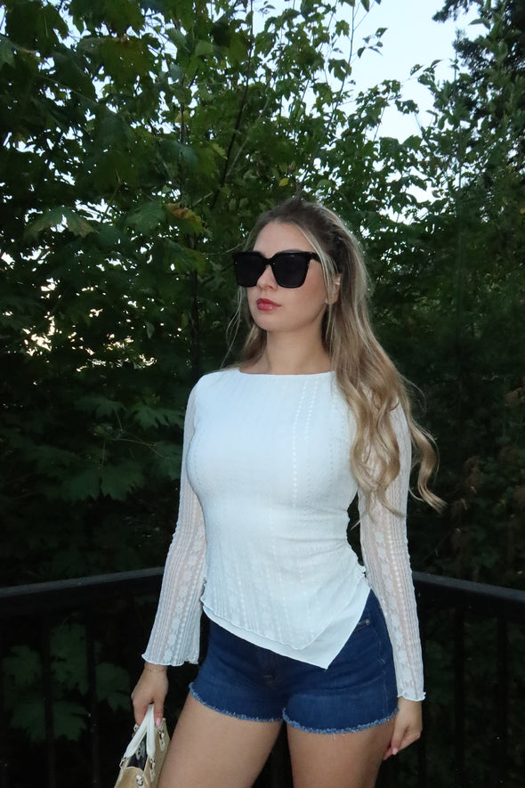 ZESICA Lace Mesh Double Lined Boat Neck Slim Fit Asymmetrical Tops
