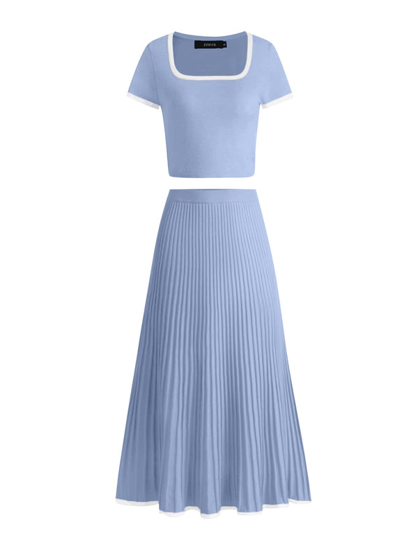 ZESICA Two Piece Short Sleeve Crop Top and Pleated Skirts