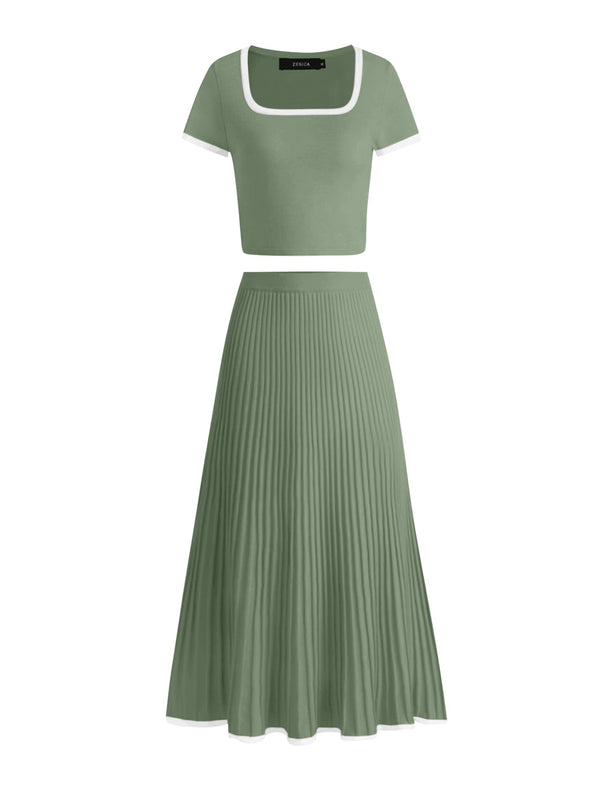 ZESICA Two Piece Short Sleeve Crop Top and Pleated Skirts