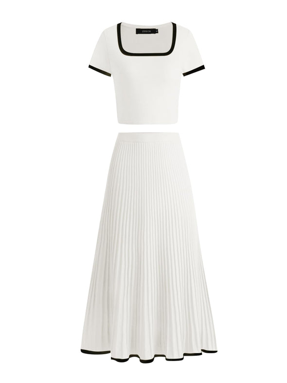 ZESICA Two Piece Short Sleeve Crop Top and Pleated Skirts