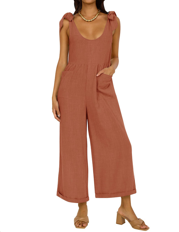 ZESICA Adjustable Straps Sleeveless Wide Leg Oversized Linen Jumpsuit