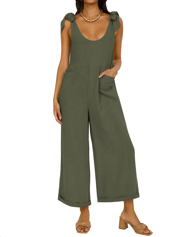 ZESICA Adjustable Straps Sleeveless Wide Leg Oversized Linen Jumpsuit