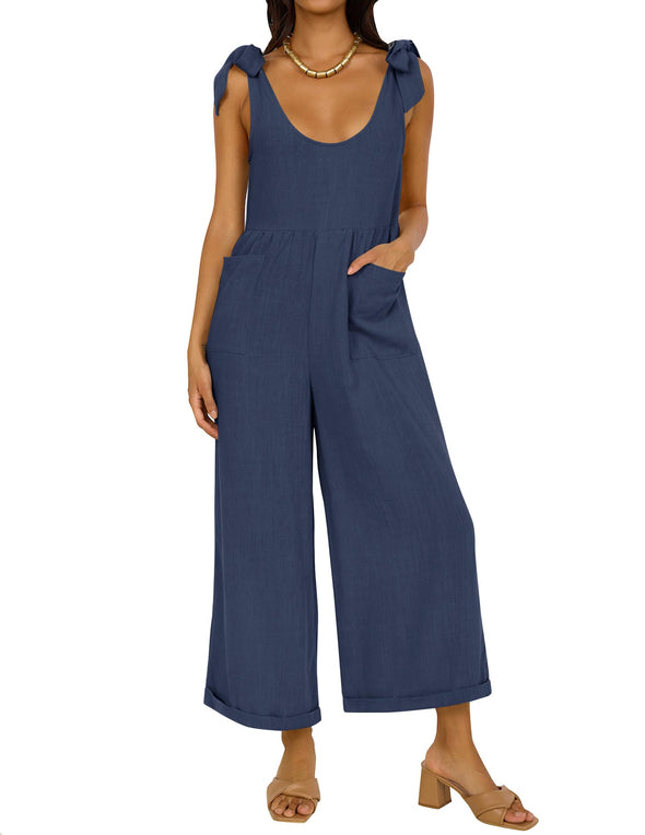 ZESICA Adjustable Straps Sleeveless Wide Leg Oversized Linen Jumpsuit