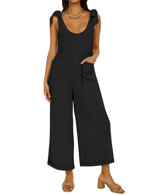 ZESICA Adjustable Straps Sleeveless Wide Leg Oversized Linen Jumpsuit