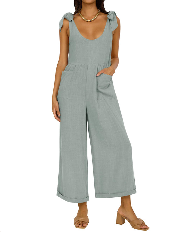 ZESICA Adjustable Straps Sleeveless Wide Leg Oversized Linen Jumpsuit