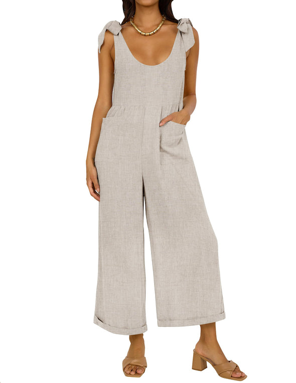 ZESICA Adjustable Straps Sleeveless Wide Leg Oversized Linen Jumpsuit