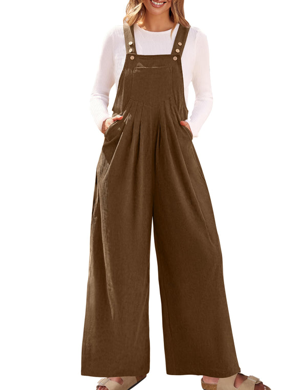 ZESICA Adjustable Straps Wide Leg Corduroy Loose Jumpsuit