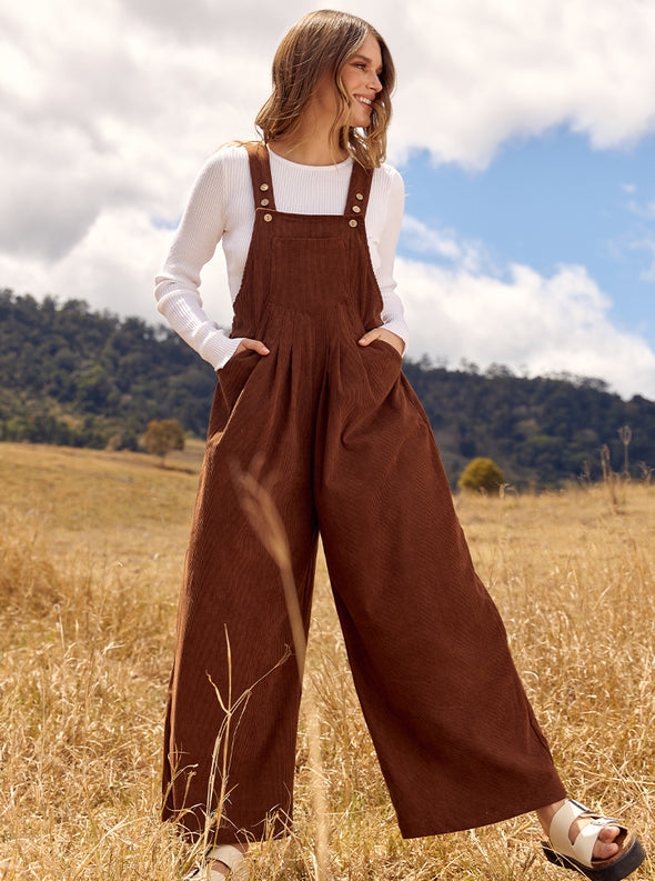 ZESICA Adjustable Straps Wide Leg Corduroy Loose Jumpsuit