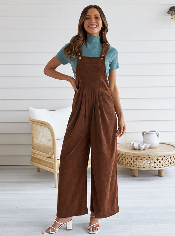 ZESICA Adjustable Straps Wide Leg Corduroy Loose Jumpsuit