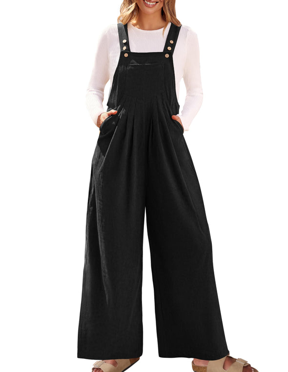 ZESICA Adjustable Straps Wide Leg Corduroy Loose Jumpsuit