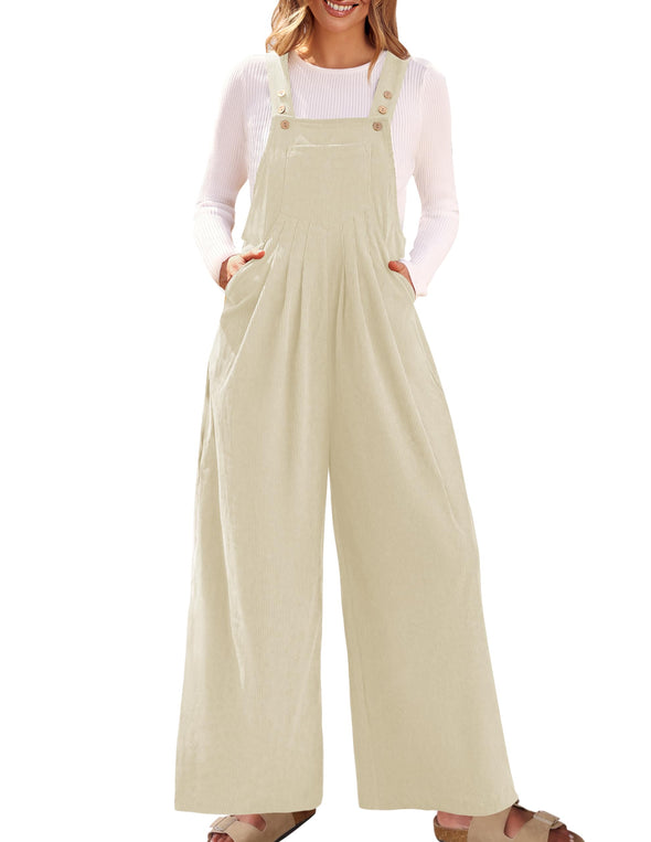 ZESICA Adjustable Straps Wide Leg Corduroy Loose Jumpsuit