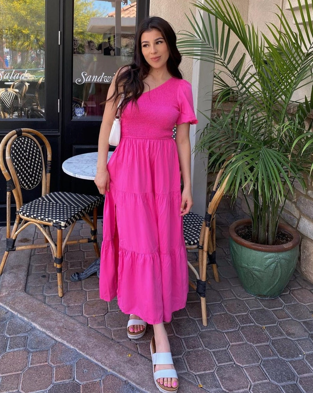 ZESICA Boho One Shoulder Smocked Swing Midi Dress – zesica