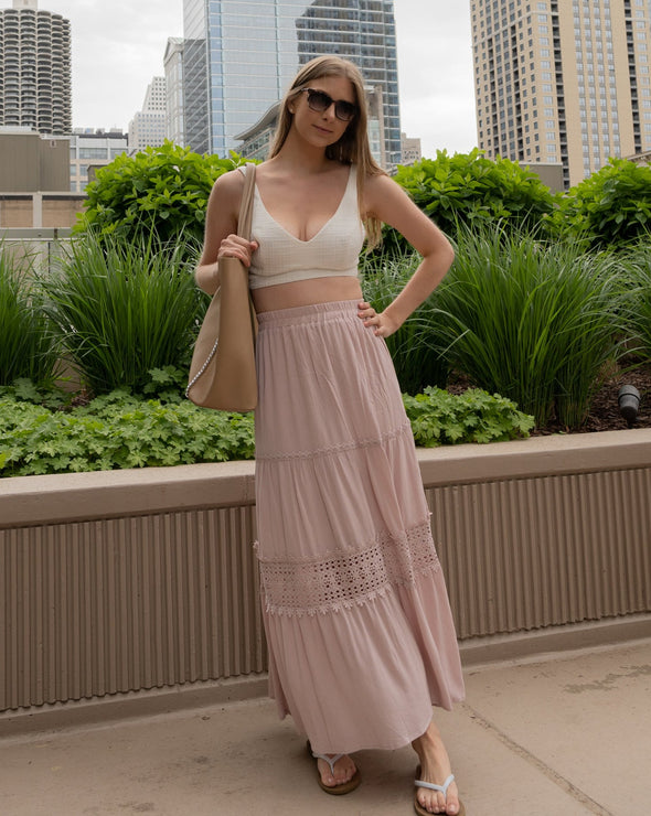 ZESICA Bohemian Solid Color Lace Trim Flowy Maxi Skirt