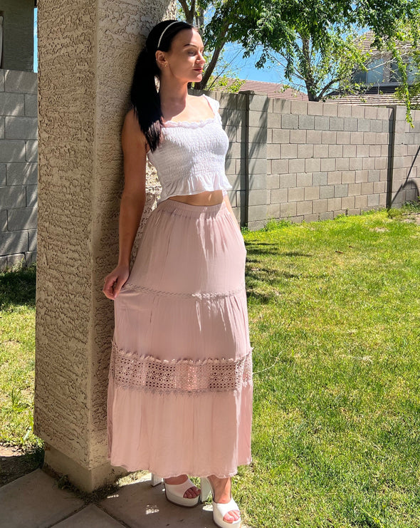 ZESICA Bohemian Solid Color Lace Trim Flowy Maxi Skirt