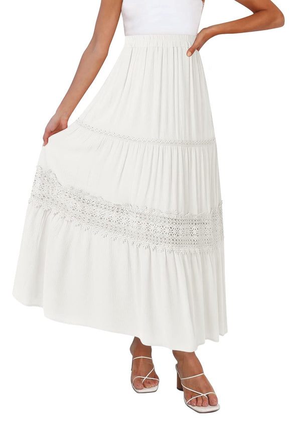 ZESICA Bohemian Solid Color Lace Trim Flowy Maxi Skirt