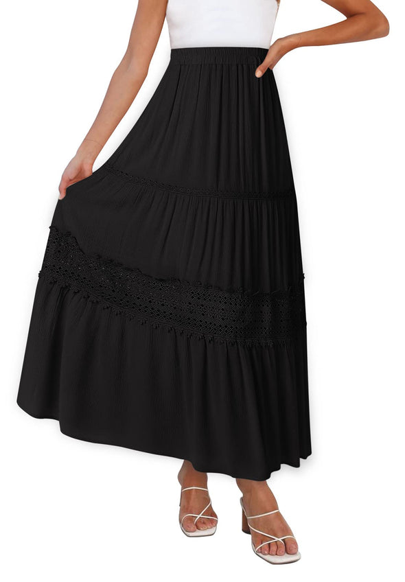 ZESICA Bohemian Solid Color Lace Trim Flowy Maxi Skirt