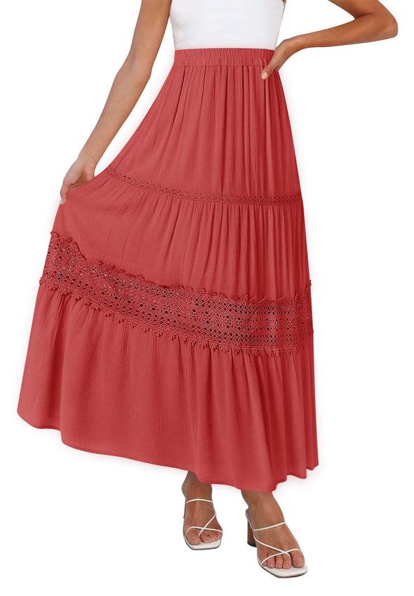 ZESICA Bohemian Solid Color Lace Trim Flowy Maxi Skirt