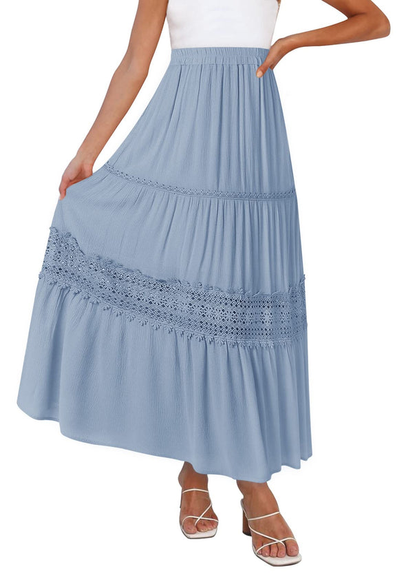 ZESICA Bohemian Solid Color Lace Trim Flowy Maxi Skirt