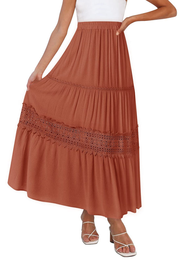 ZESICA Bohemian Solid Color Lace Trim Flowy Maxi Skirt