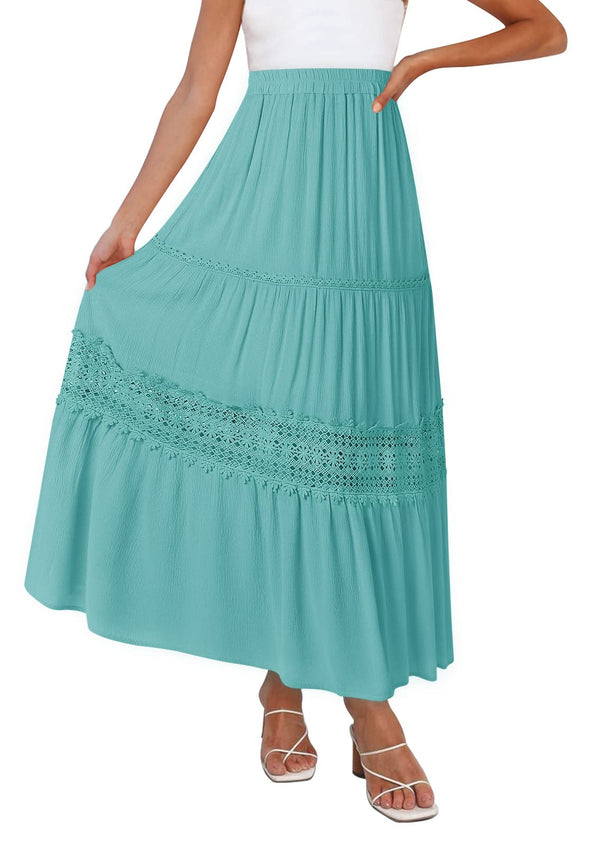 ZESICA Bohemian Solid Color Lace Trim Flowy Maxi Skirt