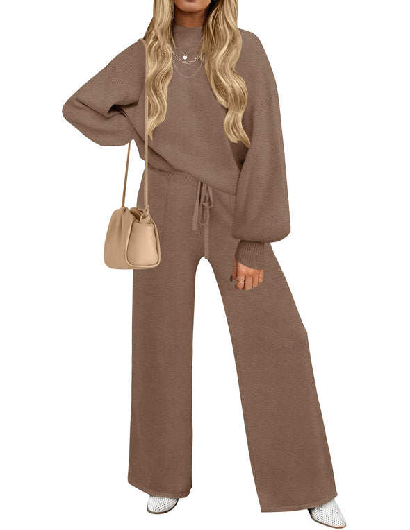 ZESICA Long Sleeve Pullover Wide Leg Pants Sweater Set