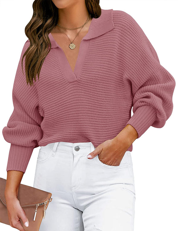 ZESICA Collar V Neck Long Sleeve Ribbed Knit Sweater