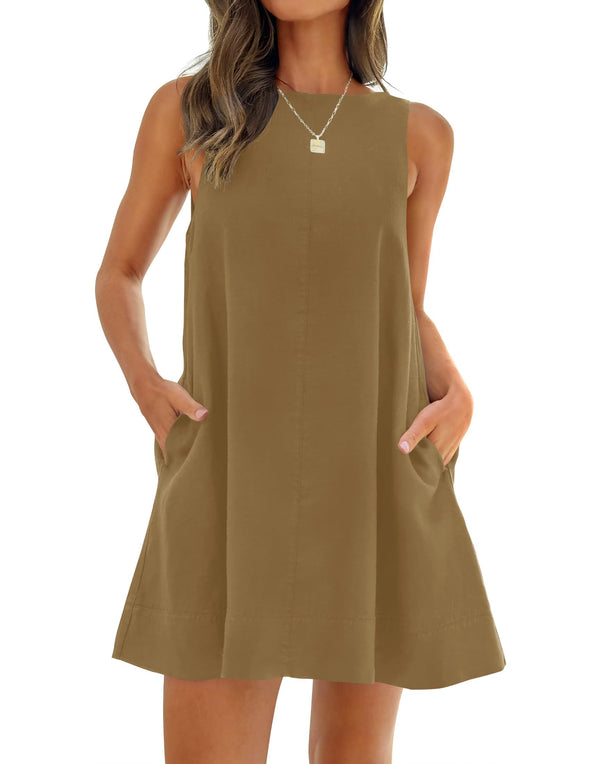 ZESICA Crew Neck Backless Sleeveless Tunic Mini Dress