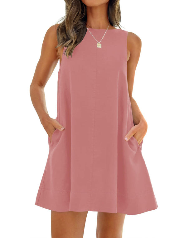 ZESICA Crew Neck Backless Sleeveless Tunic Mini Dress