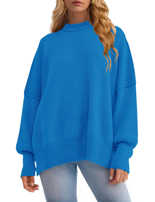 ZESICA Crew Neck Side Slit Oversized Ribbed Knit Sweater