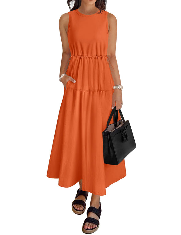 ZESICA Crewneck Drawstring Waist Sleeveless Flowy Midi Dress