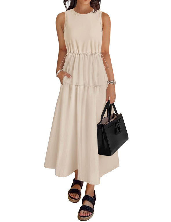 ZESICA Crewneck Drawstring Waist Sleeveless Flowy Midi Dress