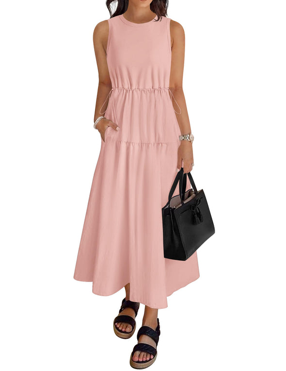 ZESICA Crewneck Drawstring Waist Sleeveless Flowy Midi Dress