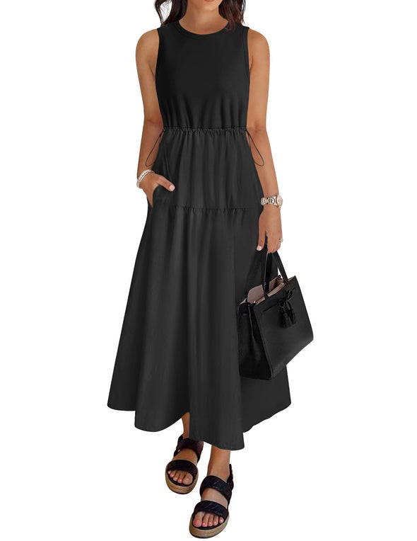 ZESICA Crewneck Drawstring Waist Sleeveless Flowy Midi Dress