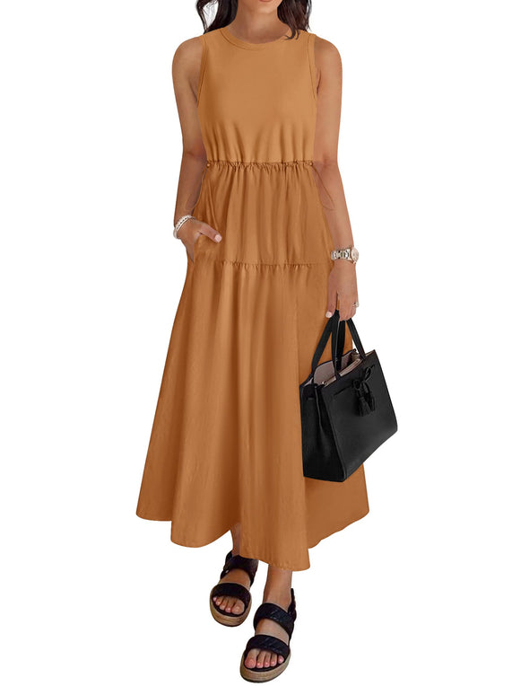 ZESICA Crewneck Drawstring Waist Sleeveless Flowy Midi Dress