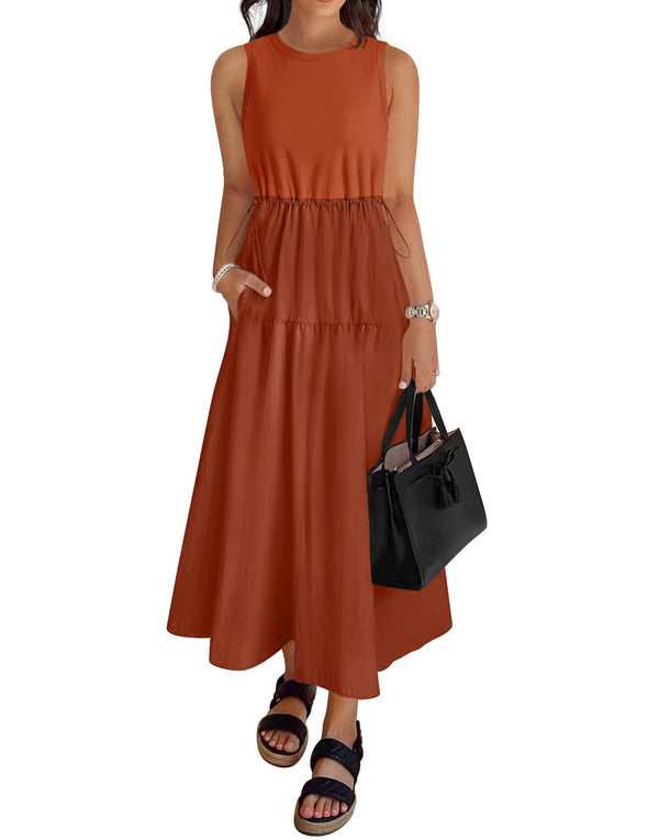 ZESICA Crewneck Drawstring Waist Sleeveless Flowy Midi Dress