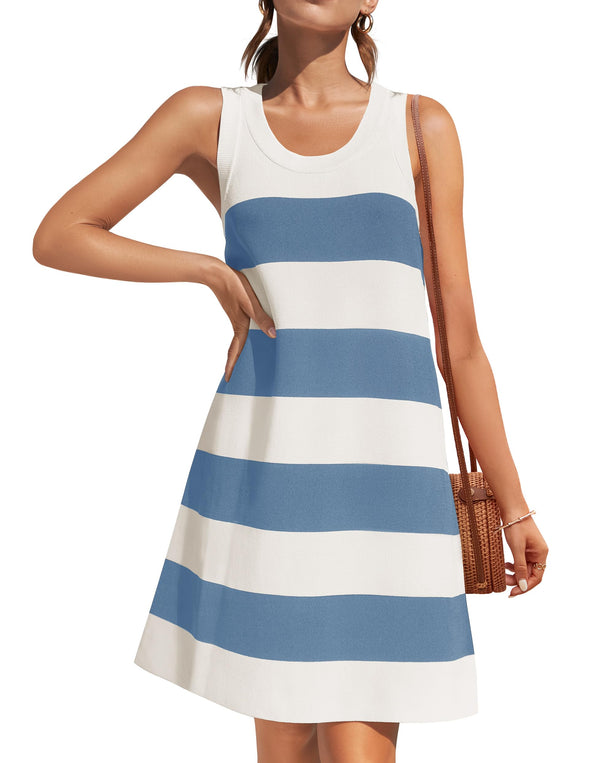 ZESICA Crewneck Sleeveless Striped Color Block Mini Dress