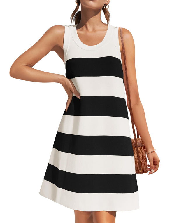 ZESICA Crewneck Sleeveless Striped Color Block Mini Dress