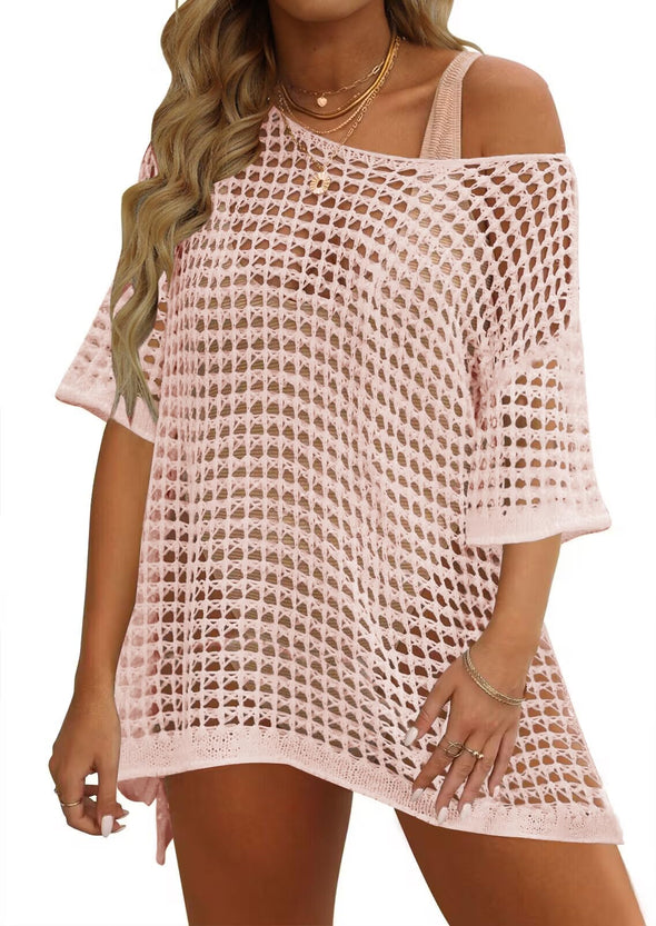 ZESICA Crochet Short Sleeve Hollow Out Cover Ups