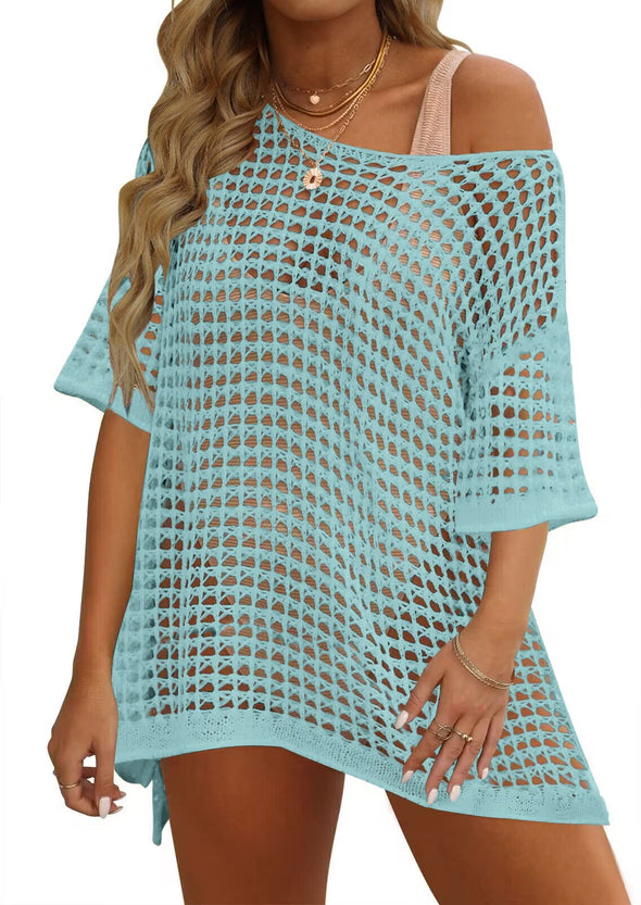 ZESICA Crochet Short Sleeve Hollow Out Cover Ups