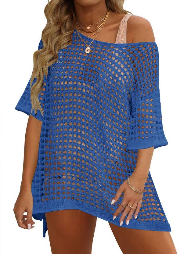 ZESICA Crochet Short Sleeve Hollow Out Cover Ups