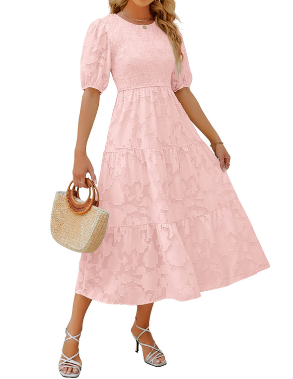 ZESICA Floral Lace Flowy Short Sleeve Smocked Midi Dress