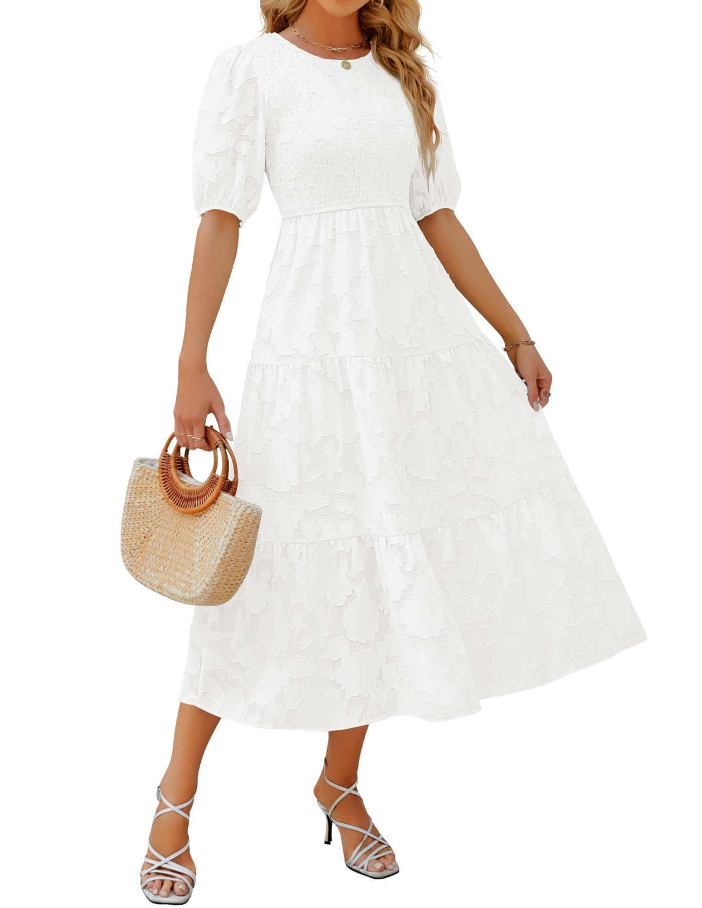 ZESICA Floral Lace Flowy Short Sleeve Smocked Midi Dress zesica ZESICA Floral Lace Flowy Short Sleeve Smocked Midi Dress zesica