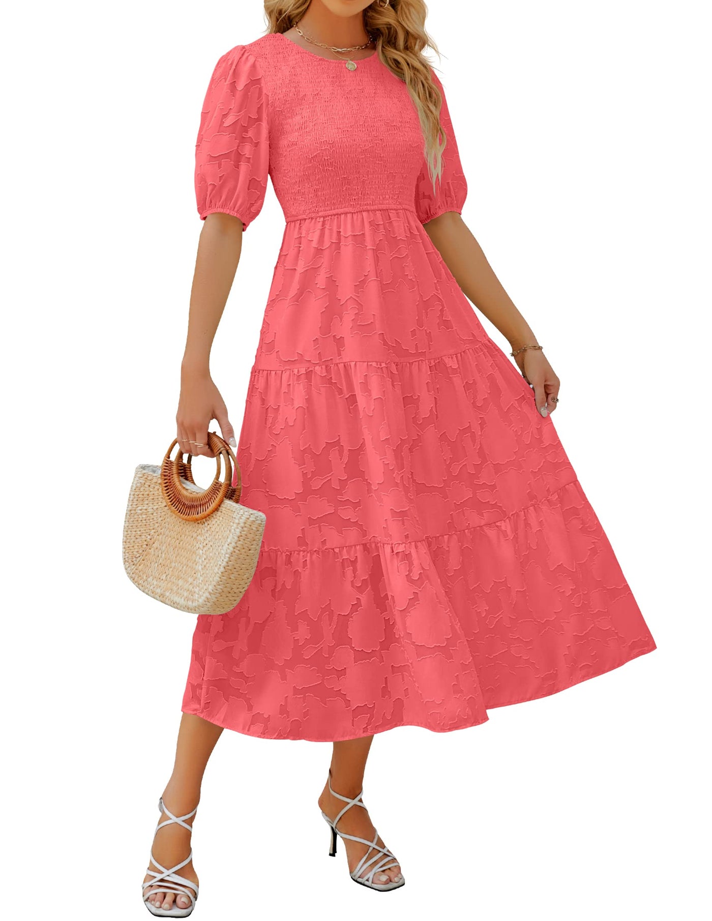 Women's 2023 Summer Puff Sleeve Smocked Floral Dress Crewneck Lace Flowy  Tiered Midi Dresses Beach Baggy Dress (Beige,Small) at  Women's  Clothing store