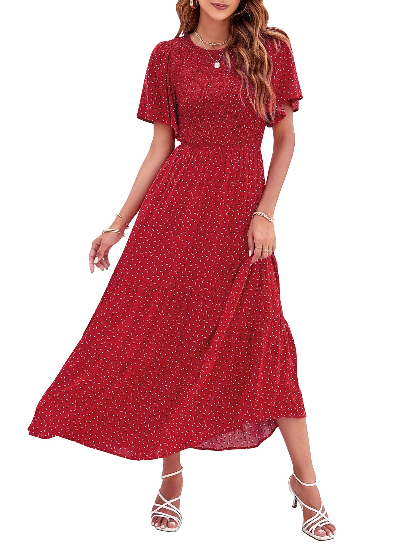zesica maxi dress ZESICA Off Shoulder Smocked High Waist Side Split Maxi Dress zesica