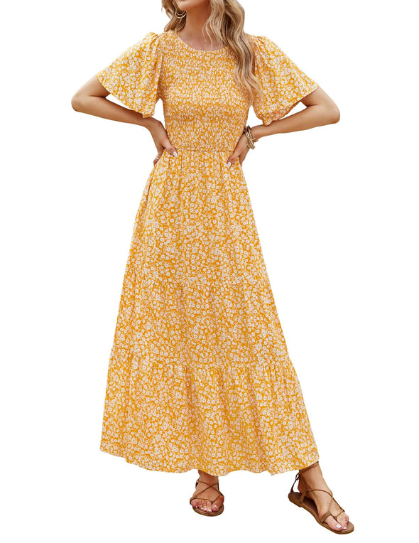 ZESICA Floral Print Smocked High Waist Flowy Maxi Dress