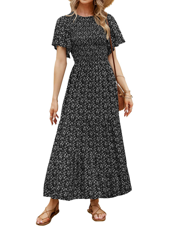 ZESICA Floral Print Smocked High Waist Flowy Maxi Dress