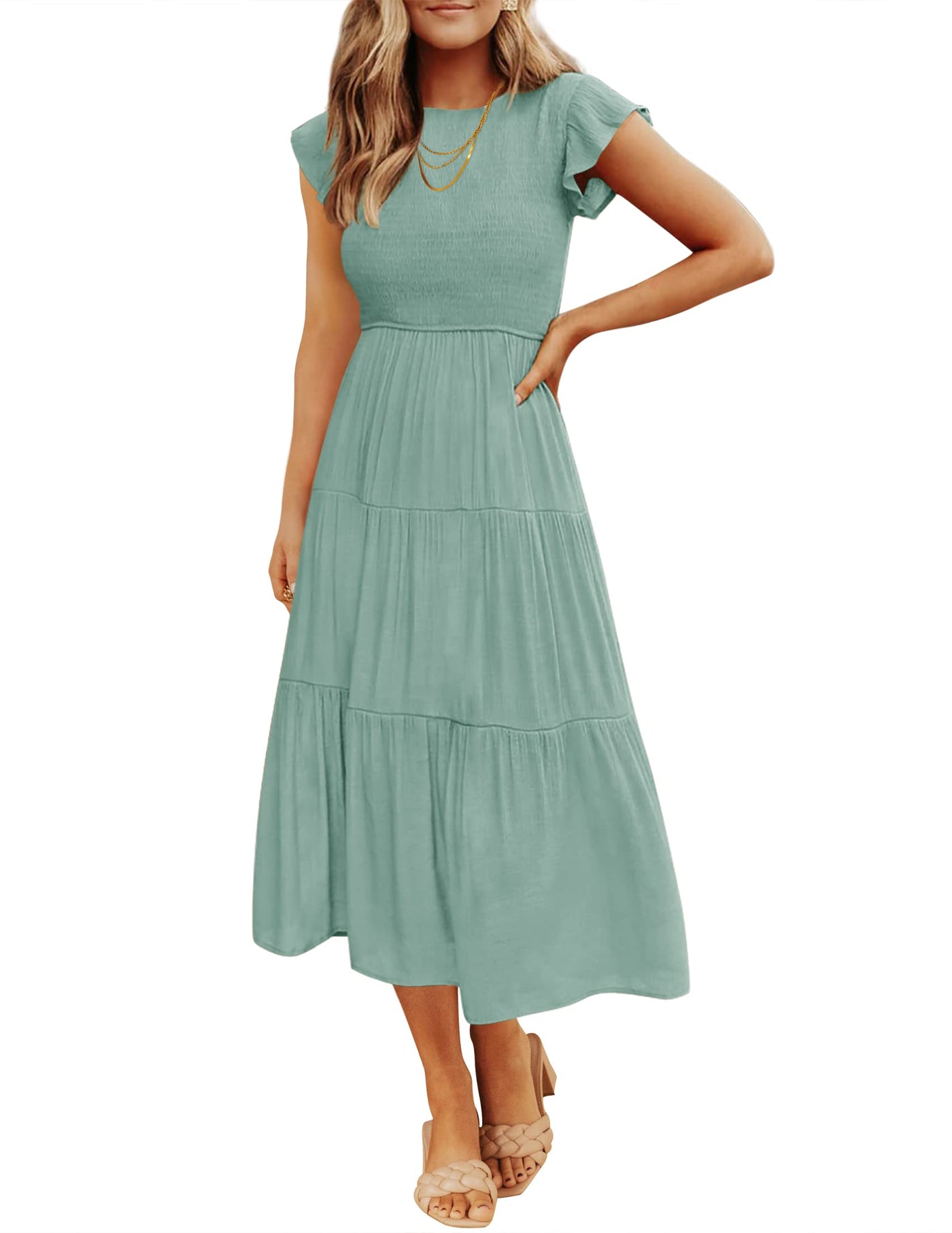 ZESICA Dames zomer casual flutter korte mouw ronde hals gesmokte elastische taille gelaagde midi-jurk, Leger Groen, M ZESICA Dames zomer casual flutter korte mouw ronde hals gesmokte elastische taille gelaagde midi-jurk, Leger Groen, M