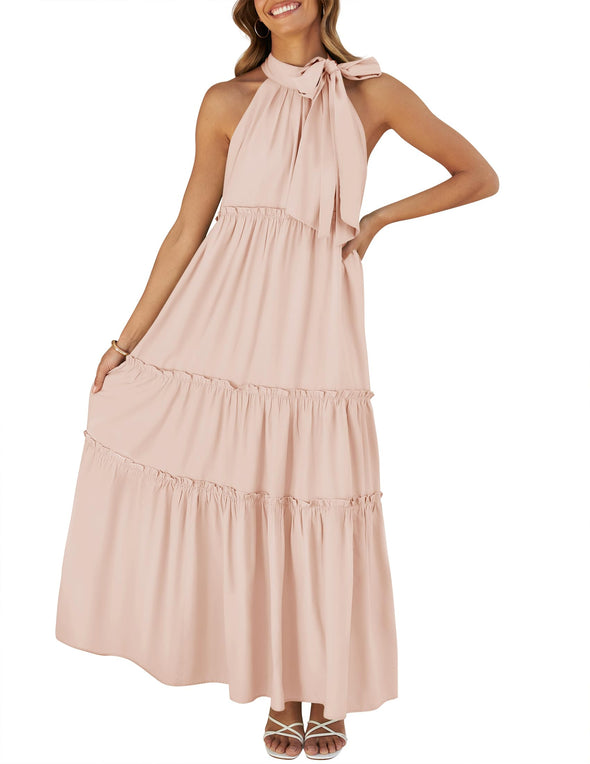 ZESICA Halter Sleeveless Pleated Flowy Maxi Dress